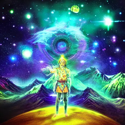 Prompt: mystical warrior on a cosmic psychedelic landscape