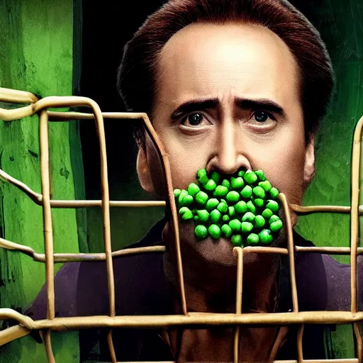 Image similar to nicolas cage trapped in a wicker cage with peas on his face, screaming, movie still, hdr