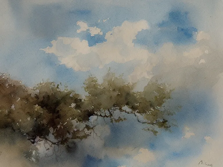 Prompt: blue sky, some clouds, watercolor, muted colors, by by jean - baptiste monge