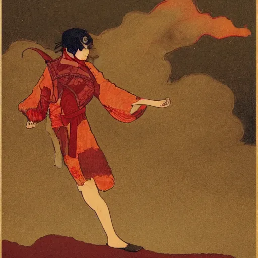 Prompt: adventurer wearing a red and brown tunic, floating over the ground, smoke, by Masashi Andô