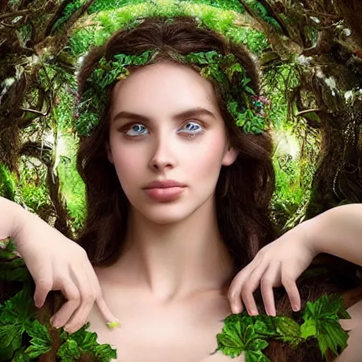 Prompt: Head and shoulders masterpiece portrait of the beautiful goddess Lana Rhoades as dryad, she has those characteristic sparkling green eyes, she is looking straight to the camera, she has a glow coming from her, she is getting illuminated for rays of light, behind is an ancient forest full of life, she is posing, the photo was taking by Annie Leibovitz, matte painting, oil painting, naturalism, 4k, 8k