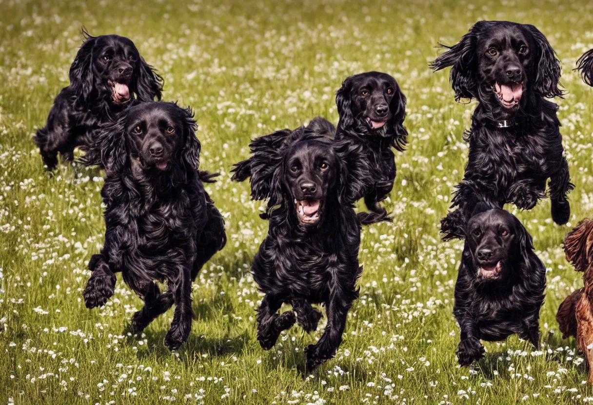 Prompt: One black spaniel dog and one brown spaniel dog running in a meadow low angle realism epic background 4k