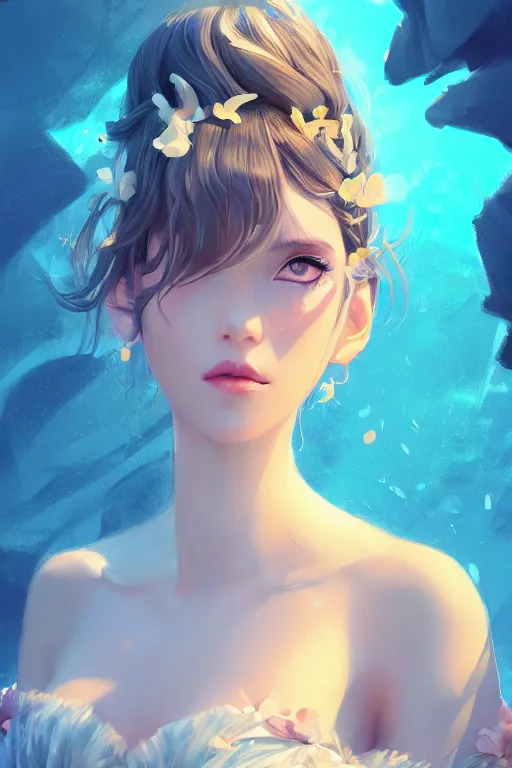 Image similar to a beautiful fashion goddness of love, chic strapless dress, tropical sea background, character design, in the style of artgerm, and wlop, cinematic lighting, hyperdetailed, 8 k realistic, symmetrical, global illumination, radiant light, frostbite 3 engine, cryengine, dof, trending on artstation, digital art