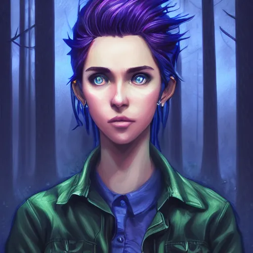 Prompt: an insanely detailed realistic depiction of beautiful jodi from stardew valley standing in the rainy forest wearing black shirt under blue denim jacket, purple hair, pretty blue eyes, in the style of peter mohrbacher, artgerm, dramatic lighting and composition, octane render, trending on artstation, concept art 8 k