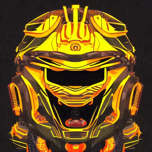 Image similar to helmet lion cyberpunk made of yellow lava and fire in angga tantama style, profile portrait, digital illustration, vector art, drawing, mecha, epic size, epic scale, macro art