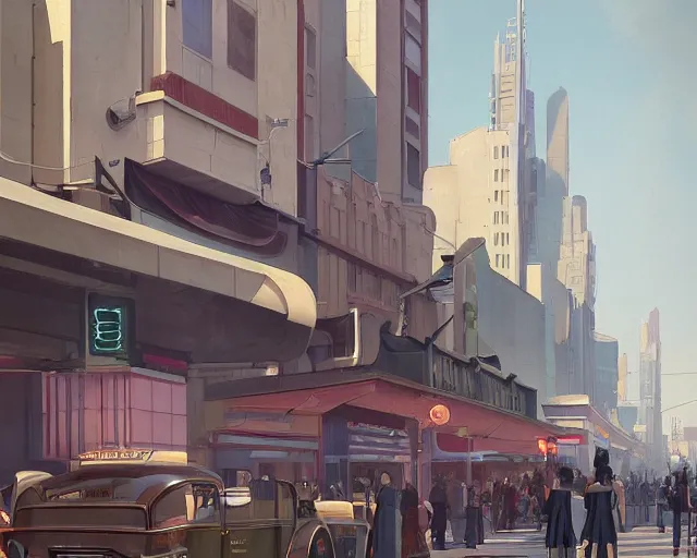 Prompt: Main street in an art deco city, anime, streamline moderne, dieselpink, brass, a sci-fi digital painting by Greg Rutkowski and James Gurney, trending on Artstation, highly detailed