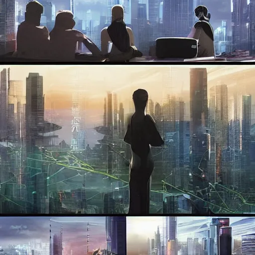 Prompt: a cinematic composition depicting : we're overlooking out of a window how high tech lush solarpunk tribe collaborating with their technologic android helpers are encroaching a cyberpunk resort sauna at sunrise, square lines, ghost in the shell, building architecture by santiago calatrava