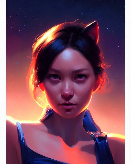 Image similar to a potrait of a space fanstasy cat, fine details. night setting. realistic shaded lighting poster by ilya kuvshinov katsuhiro, artgerm, jeremy lipkin and michael garmash, unreal engine, radiant light, detailed and intricate environment, digital art, trending on art station