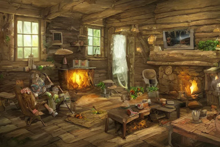 Image similar to wooden cottage, living room, elves sitting on the couch, high - tech devices, traditional fireplace, concept art