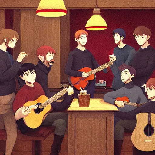 Prompt: five irishmen in aran sweaters singing in a pub, one is playing an acoustic guitar, highly detailed, digital painting, concept art, sharp focus, by makoto shinkai