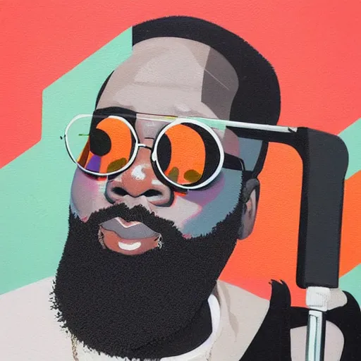 Image similar to Painting of Rick Ross by Sachin Teng :4 , asymmetrical, Matte Painting , smoke, geometric shapes, marijuana, hard edges, energetic, graffiti, street art:2 Masterpiece, high detail, by Sachin Teng:4