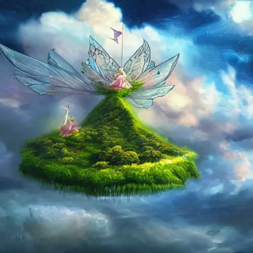 Prompt: the floating fairy island, clouds, High detail,art station