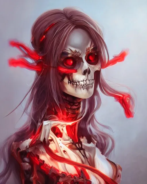 Image similar to A realistic anime portrait of a beautiful skeleton woman with glowing red eyes wearing clothes made of skulls, digital painting, by Stanley Artgerm Lau, Sakimichan, WLOP and Rossdraws, digtial painting, trending on ArtStation, SFW version