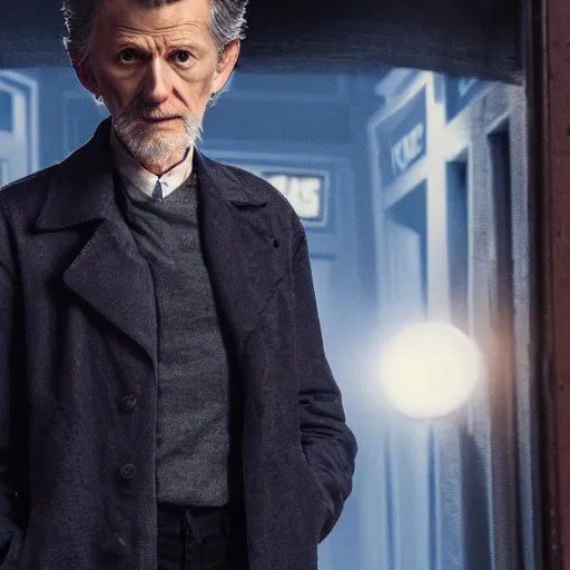 Image similar to tom holland as a rough dirty old man with a scruffy beard in a dark blue trenchcoat as the new doctor who, cinematic, volumetric lighting, f 8 aperture, cinematic eastman 5 3 8 4 film, photorealistic