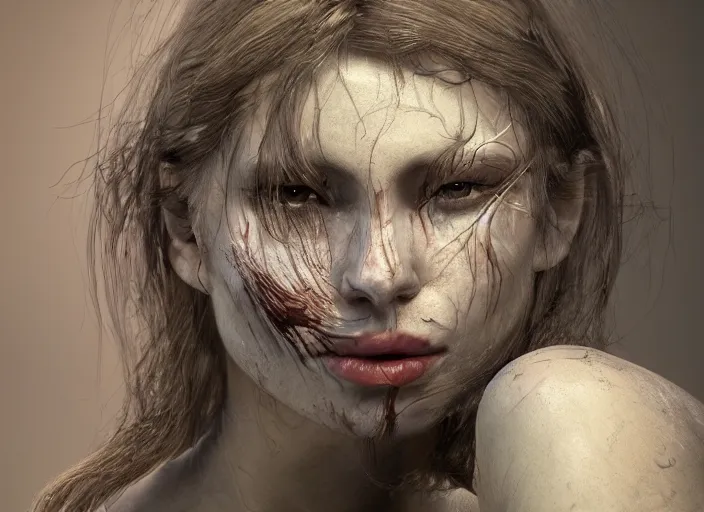 Image similar to a female looking directly while her left eye is closed and the other right eye is wide open, horror, dark, naturel, hyper detailed, digital art, trending in artstation, cinematic lighting, studio quality, smooth render, unreal engine 5 rendered, octane rendered, art style by klimt and nixeu and ian sprigger and wlop and krenz cushart