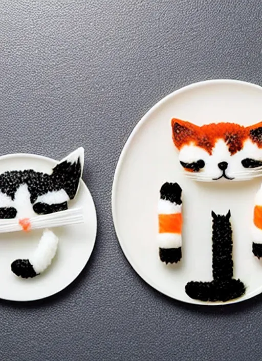 Prompt: clear photorealistic picture of simple cute cats made from sushi rice, arranged on sushi plates with garnish