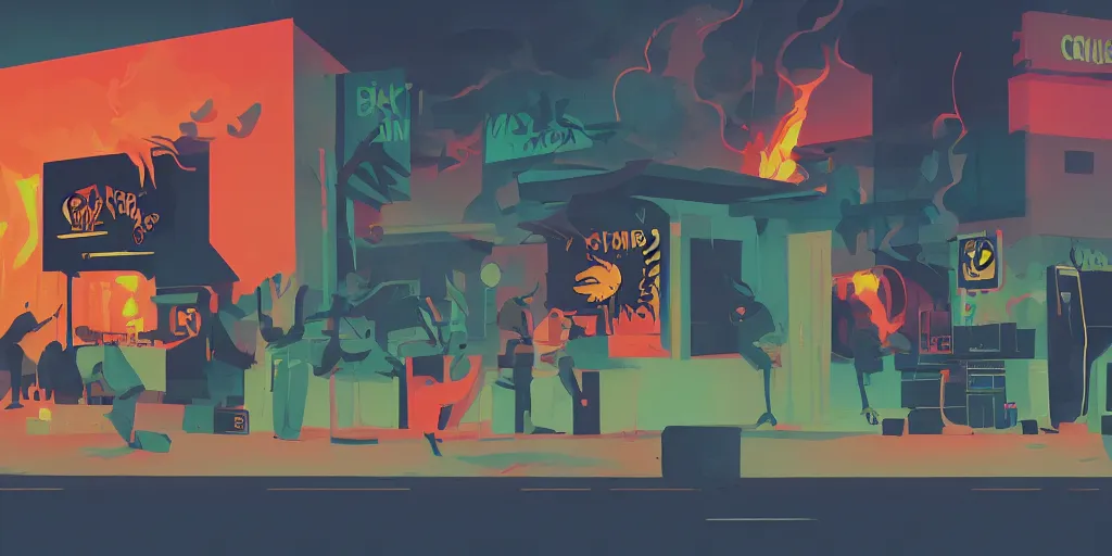 Image similar to black! chicken! smoking cannabis!!!, in front of multi monitors broadcasting studio, artwork by James Gilleard