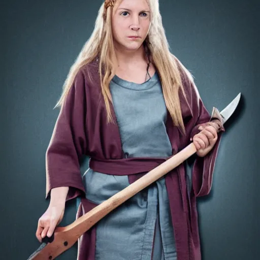 Prompt: an female viking wearing short sleeved robes holding an giant axe
