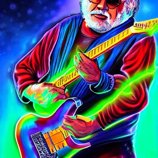 Image similar to a Jerry Garcia guitarist playing so intensely there is electricity shooting out from his guitar, energy beams under his finger tips, and magic sparkles from the freboard, amazing ditial art, trending on artstation, featured on deviantart