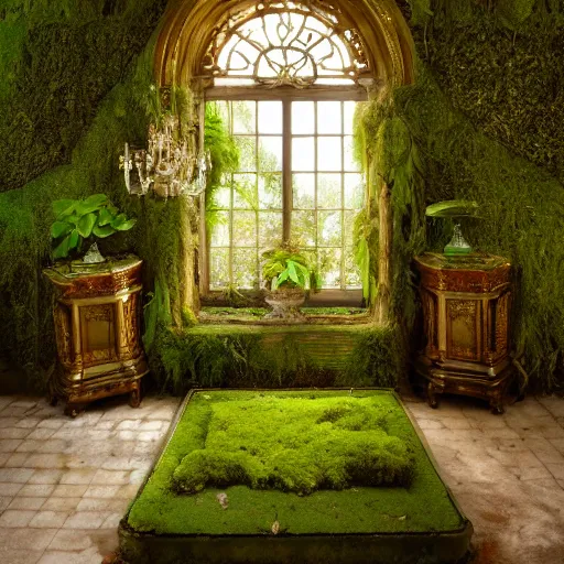 Image similar to a dream about opulent, ornate, abandoned overgrown Palace of Versailles, lush plants growing through the floors and walls, walls are covered with moss and vines, beautiful, dusty, golden volumetric light shines through giant broken windows, golden rays fill the space with warmth, rich with epic details, dreamy atmosphere and drama