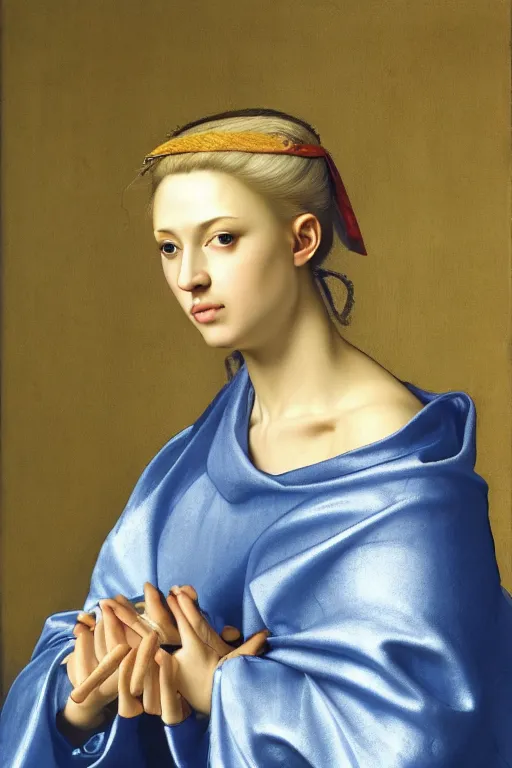 Prompt: hyper - realistic close - up portrait of a medieval blonde with a huge amount of color in the caravaggio style, pale skin, in a silver silk robe, blue palette