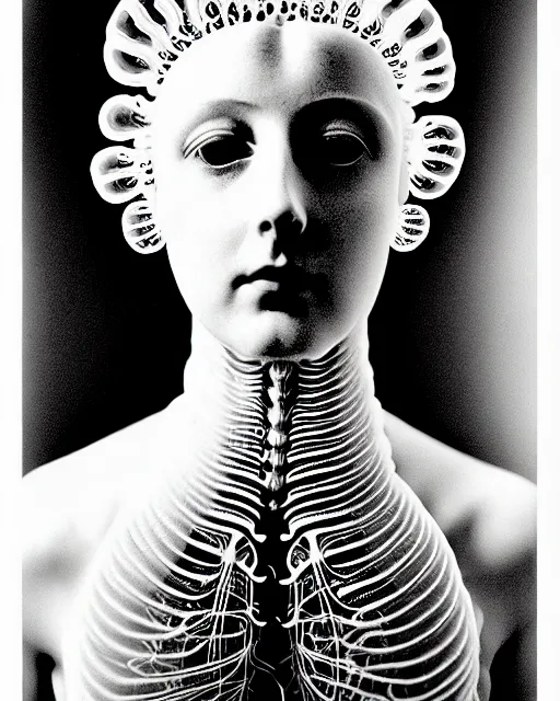 Prompt: mythical dreamy black and white organic bio - mechanical spinal ribbed profile face portrait detail of beautiful intricate monochrome angelic - human - queen - vegetal - cyborg with a visible detailed brain, grey matter and neurons, highly detailed, intricate translucent jellyfish ornate, poetic, translucent microchip ornate, photo - realistic artistic photography by claude cahun in the style of pre - raphaelites