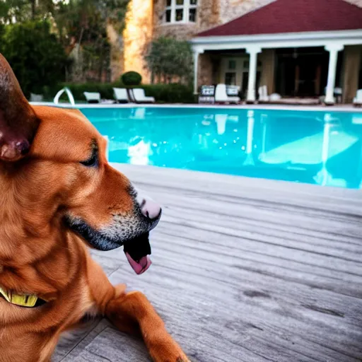 Image similar to a very detailed photo of a dog smoking a cigar outside the mansion by the pool