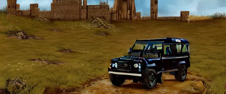 Image similar to Land Rover Defender 110 (1985), an epic fantasy, dramatic lighting, cinematic, establishing shot, extremely high detail, photorealistic, cinematic lighting, artstation, by simon stalenhag, The Elder Scrolls IV: Oblivion, Green Cyrodiil plains, Imperial City with the Adamantine Tower in the middle in the distance, at day