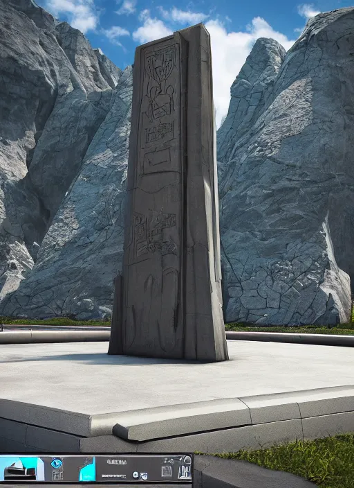 Image similar to highly detailed render of a futuristic monument stele standing on the road made in unreal engine 4