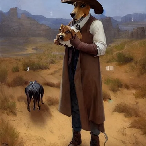 Prompt: a person with the head of a dog and the body of a slender man wearing a cowboy hat and poncho. By Zabrocki, Raphael Lacoste. JC Leyendecker.