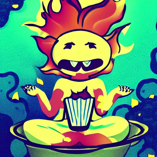 Image similar to fluffy popcorn anime character with a smiling face and flames for hair, sitting on a lotus flower, clean composition, symmetrical