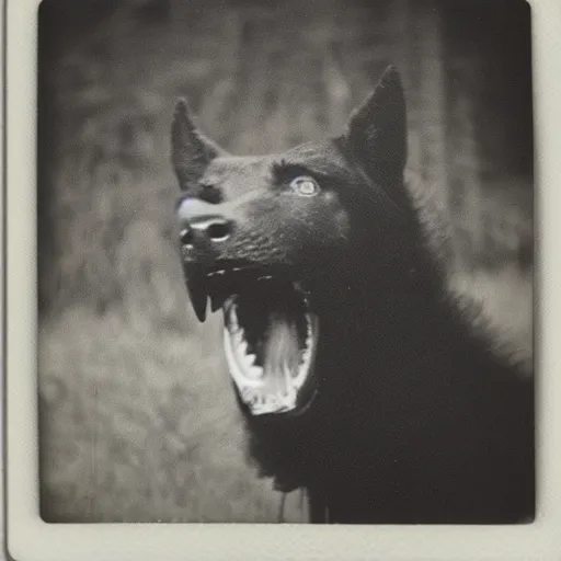 Image similar to old polaroid depicting a hellhound with white eyes and long sharp teeth, at a clearing, at dusk