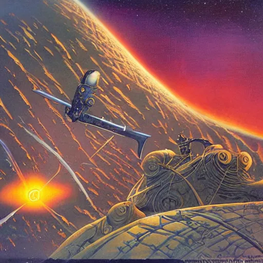 Prompt: phantom grip, the edge of the universe (on film), by Rodney Matthews and Robert McCall