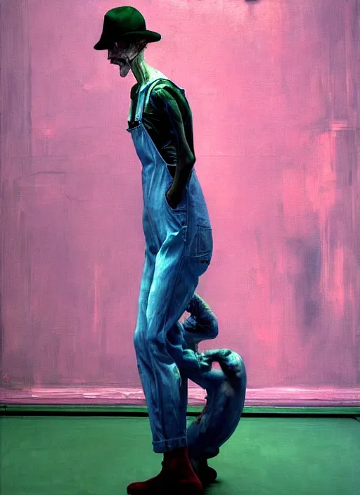 Image similar to an insane, skinny, artist wearing overalls, expressive painting the walls inside a grand messy studio, hauntingly surreal, highly detailed painting by francis bacon, edward hopper, adrian ghenie, gerhard richter, and james jean, soft light 4 k in pink, green and blue colour palette, cinematic composition,