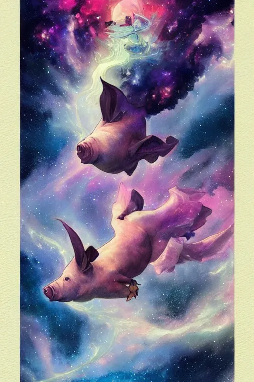 Prompt: a flying pig in a beautiful nebula, water color, art by artgerm and greg rutkowski and alphonse mucha and jin xiaodi and anthony devine