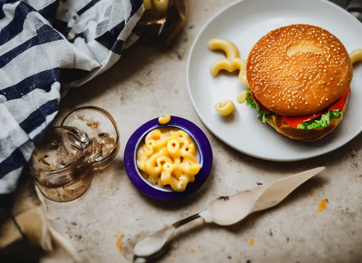 Image similar to dslr food photograph of hamburger over a bed of macaroni and cheese, thanos themed 8 5 mm f 1. 8