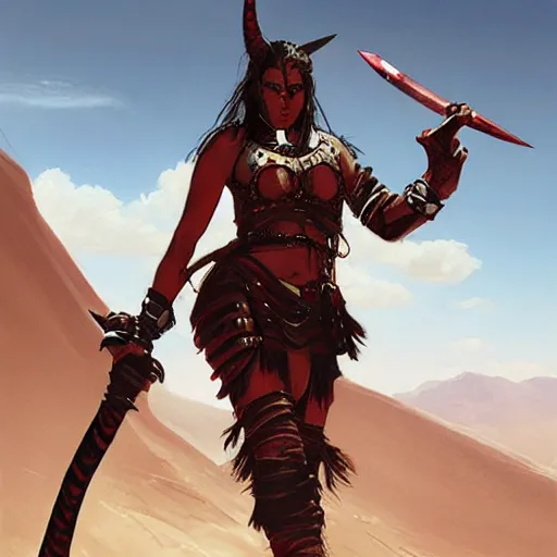 Prompt: Portrait of a strong fierce female berber tiefling barbarian with red skin, straight horns and black hair in a ponytail holding a large scimitar and wearing a steel breastplate in a desert, art by greg rutkowski