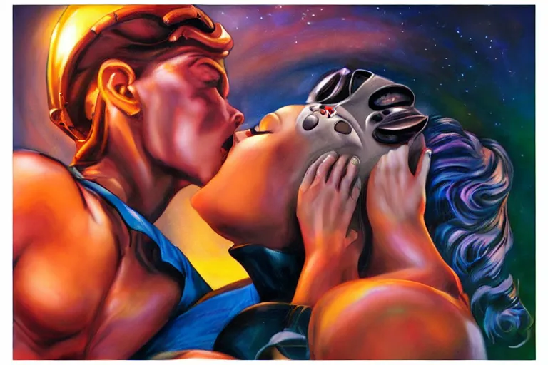 Image similar to an alien woman kisses a man by julie bell, sci - fi, color vibe, reimagined by industrial light and magic