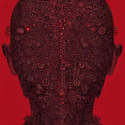 Prompt: digital, 2 dmatte, painting, illustration, abstract, illustration art, photoshop, fantasy, matte painting, abstract, red woman, intricate lines, made of tiny gears and robot parts