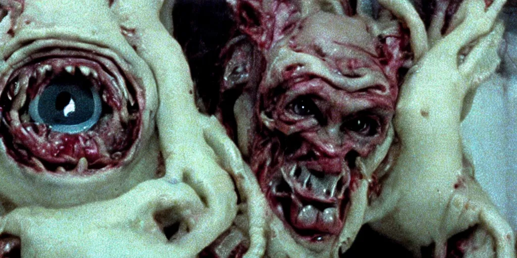 Prompt: filmic close up dutch angle movie still 35mm film color photograph of the snarling distorted human face of a mutated shape shifting organism made of human internal organs, disgusting dissected human tissue with a variety of grotesquely strewn together human and animal limbs, in the style of a horror film The Thing 1982