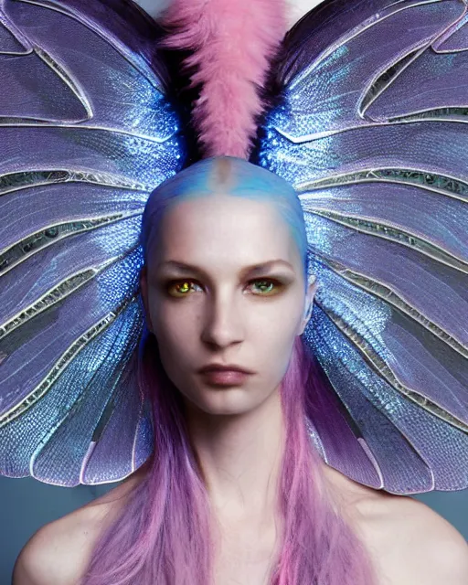 Prompt: natural light, soft focus portrait of a cyberpunk anthropomorphic dragonfly with soft synthetic pink skin, blue bioluminescent plastics, smooth shiny metal, elaborate ornate head piece, piercings, skin textures, by annie leibovitz, paul lehr
