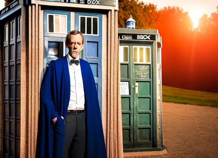 Image similar to dslr photo portrait still of hugh laurie as doctor who in front of the tardis at sunset, 8 k, 8 5 mm f 1. 4