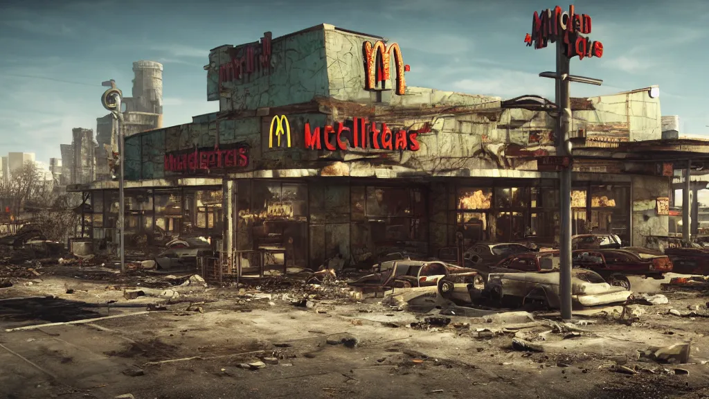 Image similar to post apocalyptic McDonalds::100, fallout, wasteland, octane render, 8k