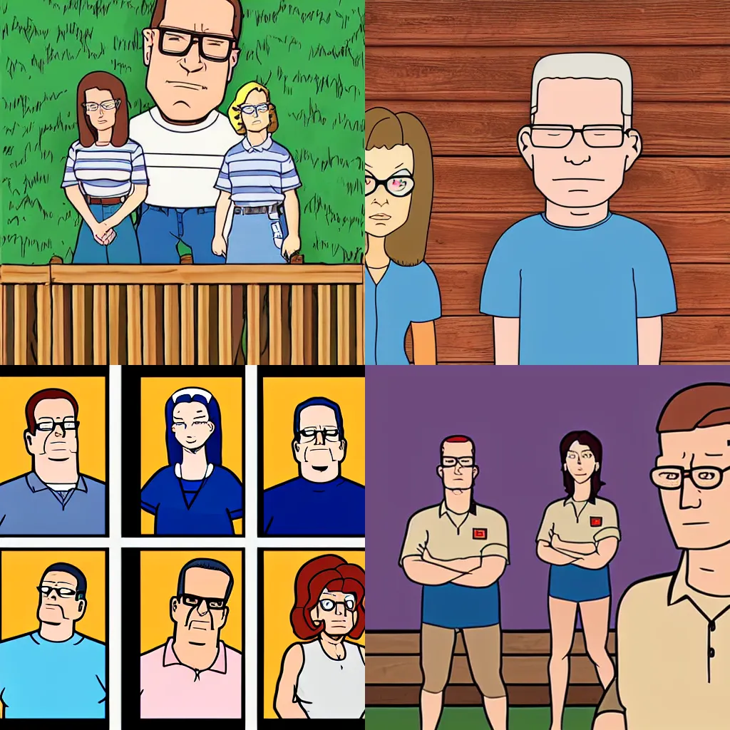 Prompt: hank hill, peggy hill, bobby hill, standing in front of a wooden fence, neutral expressions, art by mike judge