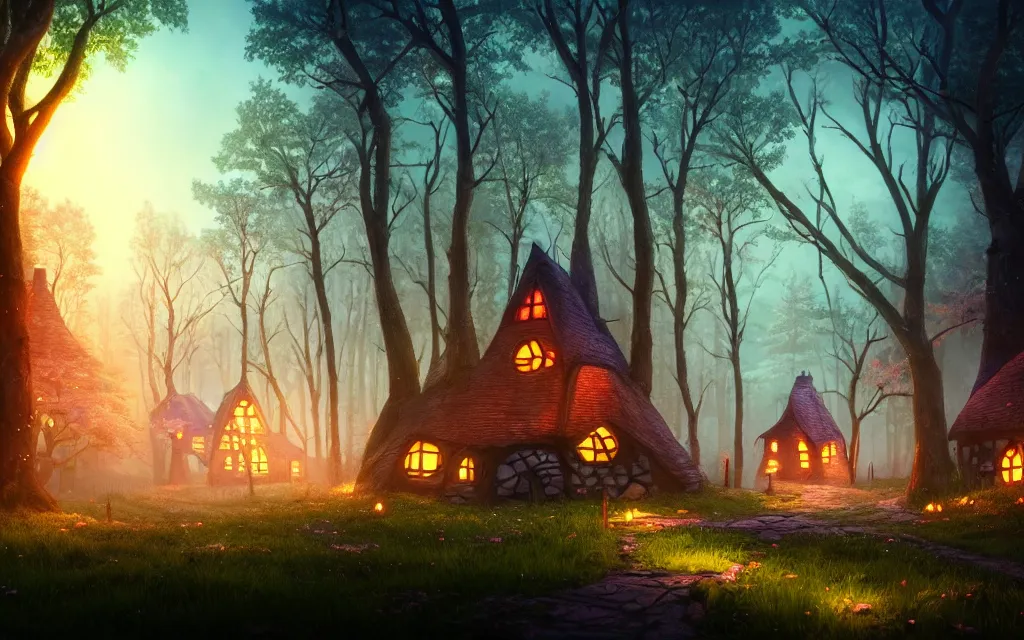 Prompt: gloomy sparse fairytale forest with witches cottage made of candy in the distance, visual novel key visual, award - winning digital art on pixiv, trending on artstation - cinematic lighting, dramatic lighting, stunning and beautiful scenery - highly detailed, hyperrealistic, unreal engine 5, in the style of kingdom hearts