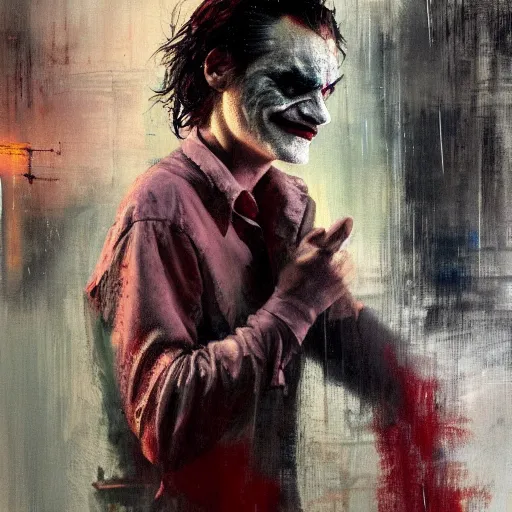 Prompt: painting of Joaquin Phoenix as the joker, dancing in the rain, by Jeremy Mann, detailed, stylized, loose brush strokes, intricate, realistic, exaggerated lighting, sense of scale, free, melancholy