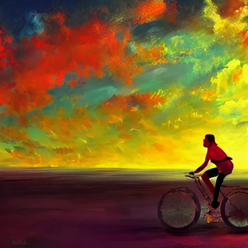 Image similar to The joy of riding a bike through the sky, striking composition, evokes feelings of wonder, expressive digital painting