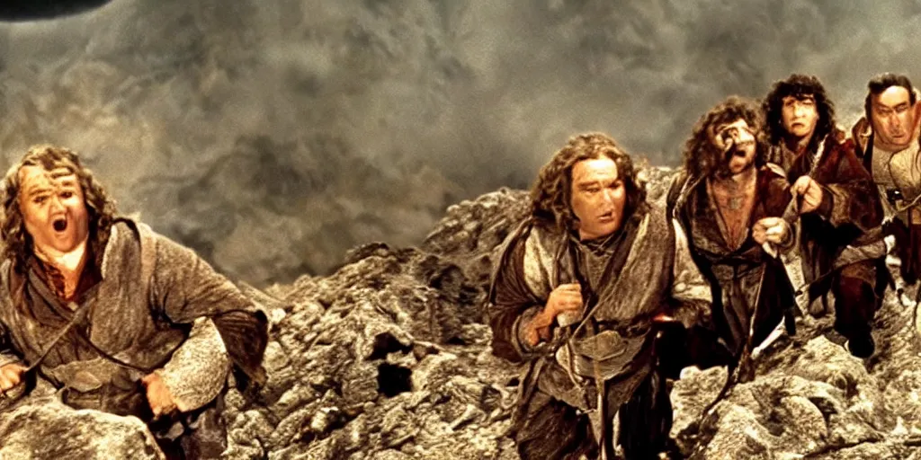 Image similar to film still of the three stooges climbing mount doom in the return of the king, hd 4 k lord of the rings remaster director's cut