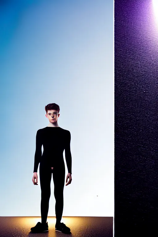 Image similar to un ultra high definition studio quality photographic art portrait of a young man standing on the rooftop of a british apartment building wearing soft padded silver pearlescent clothing. three point light. extremely detailed. golden ratio, ray tracing, volumetric light, shallow depth of field. set dressed.