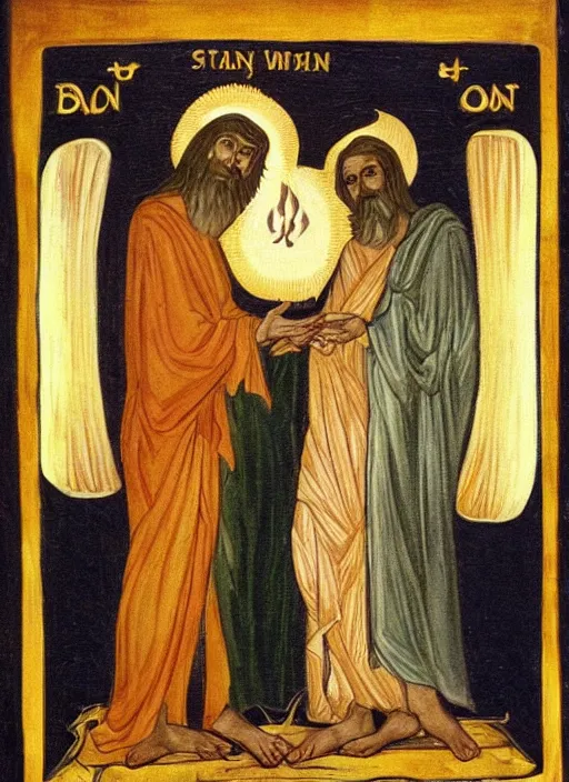 Image similar to And standing in the middle of the lampstands was someone like the Son of Man. He was wearing a long robe with a gold sash across his chest. His head and his hair were white like wool, as white as snow. And his eyes were like flames of fire. His feet were like polished bronze refined in a furnace, and his voice thundered like mighty ocean waves. He held seven stars in his right hand, and a sharp two-edged sword came from his mouth. And his face was like the sun in all its brilliance. dark colors, epic atmosphere, dramatic lighting, cinematic, establishing shot, extremely high detail, photo realistic, cinematic lighting, pen and ink, intricate line drawings, by Kohei Horikoshi, post processed, concept art, artstation, matte painting, style by eddie mendoza, raphael lacoste, alex ross